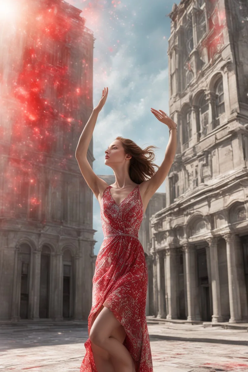 Photorealistic young woman in a dress, standing, with arms raised, looking at the front of a building at midday, with red auras around her