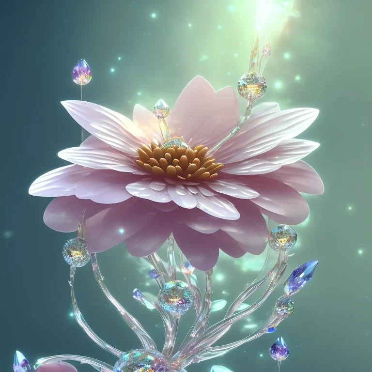 one big crystal subtle flower in a galactic ambiance with a beautiful fairy, transparent petals, delicate colors, finely tuned detail, ultra high definition, 8 k, unreal engine 5, ultra sharp focus