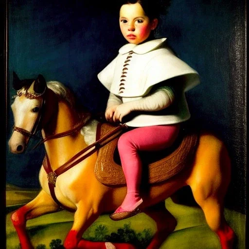 Retrato de una niña muy guapa llamada Eira Santiago Arnau montando un pegaso con el estilo de Diego Velázquez