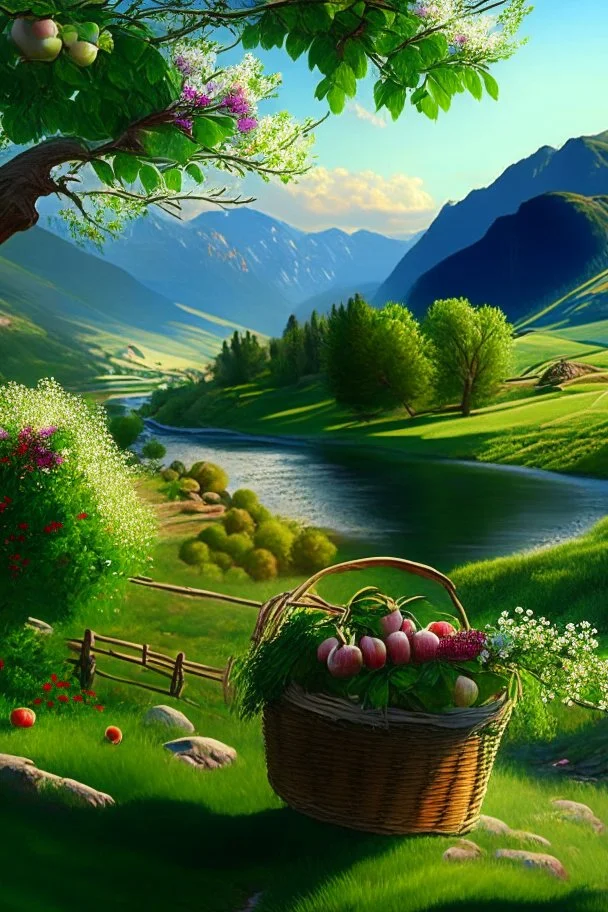 countryside, morning, sun, mountains, green, flowers, clear sky, river, apple tree, basket, sky, grass