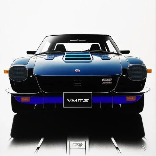 hyperrealism Drawing of 'Dark Blue Datsun 240Z-280Z' three quarter frontal aerial view, by gaston bussiere, greg rutkowski, yoji shinkawa, yoshitaka amano, tsutomu nihei, donato giancola, tim hildebrandt,oil on canvas, cinematic composition,Sharp detail,extreme detail,fit full head inside picture,16k