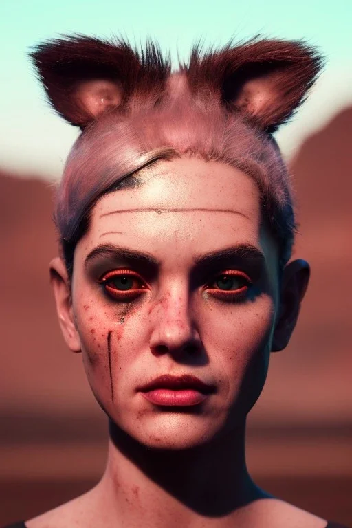 Fashion Portrait, tank girl, make up, natural busty, retro futuristic style, glow eyes :: desert scene :: cinematic, Ultra realistic, wide angle view, soft color, highly detailed, unreal engine 5, RTX, ultra detail, volumetric lighting, 3d, finely drawn, high definition.