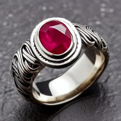 ruby signet ring with braided tungsten and titanium, celtic ring, nordic ring, viking ring, engraved carved band, brushed steel, men's jewellery