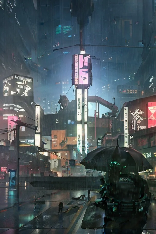 Cyberpunk district with giant foggy skyscarpers, cars, FoV: 100, HD, Unreal Engine 4, heavy rain, rainy streets reflection, neon signs, low contrast, grainy, less color, titanfall,