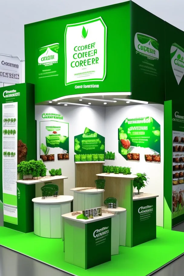 Corner green exhibition stand of a food company with product displays and a meeting area