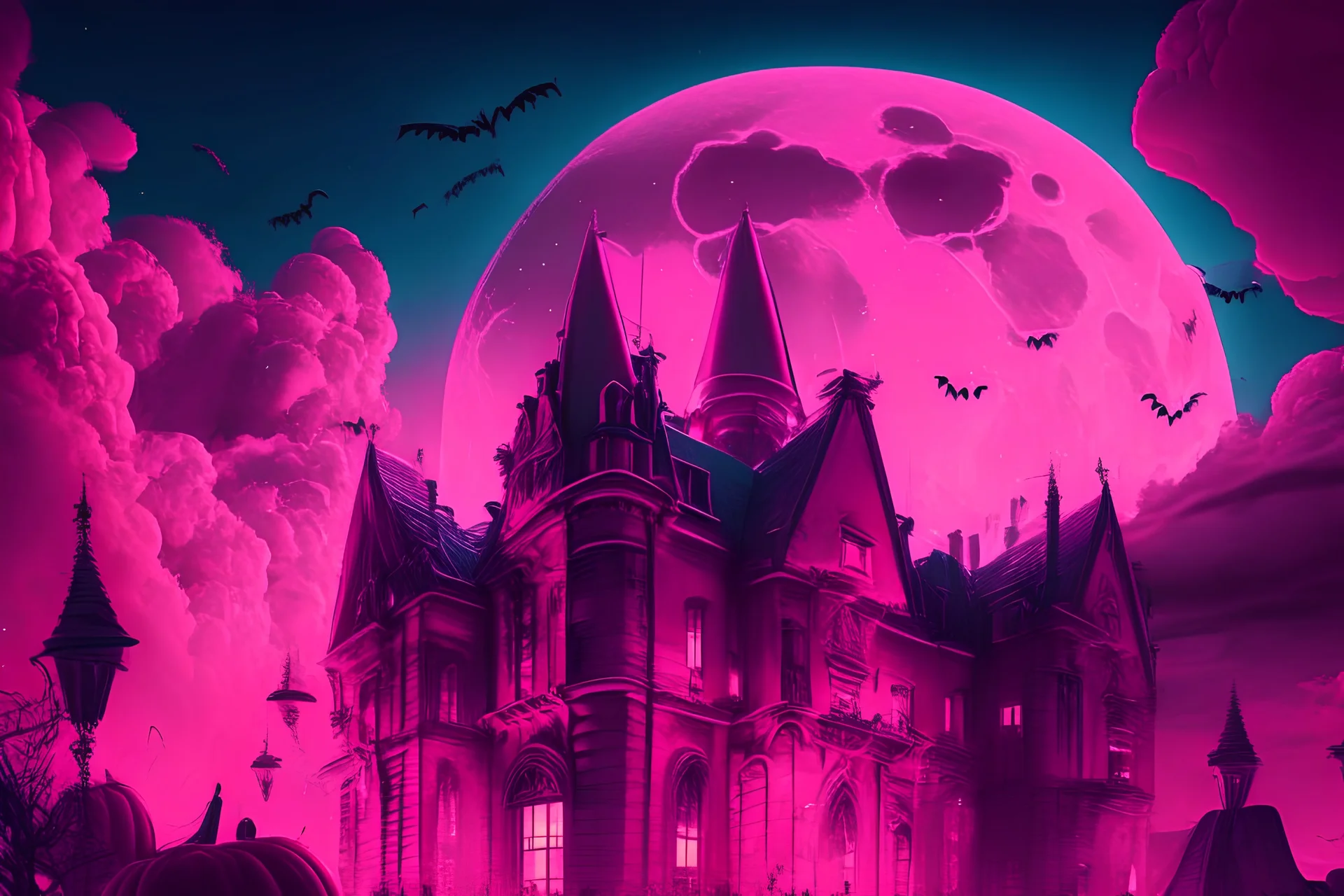 Pink halloween party in an illuminated city under the sky