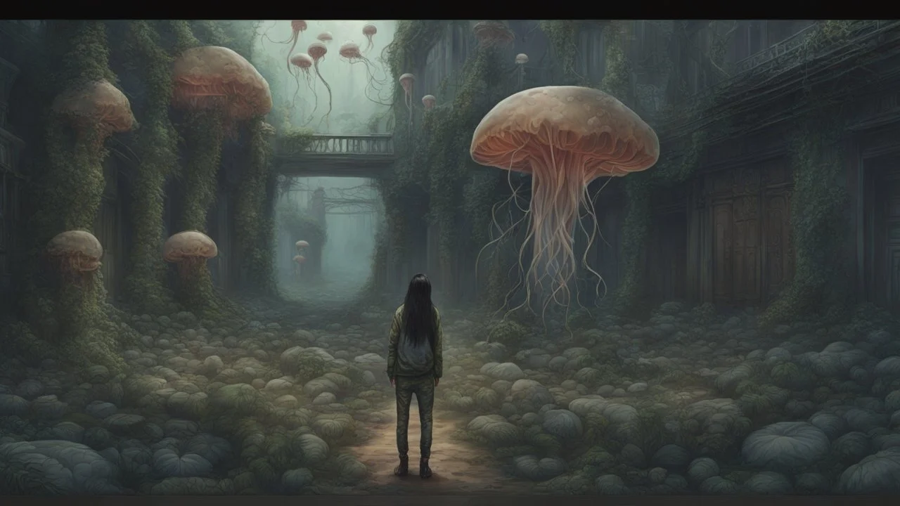 floating alien mushrooms with jellyfish tentacles, rampant foliage, vines, and Spanish moss, next to derelict buildings, a woman with black hair in a ponytail, camouflage trousers and jacket, photorealistic, Intricate Detail