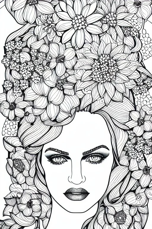 hyper detailed, black and white, thick line, coloring book illustration, lineart, stunningly beautiful woman in flowers