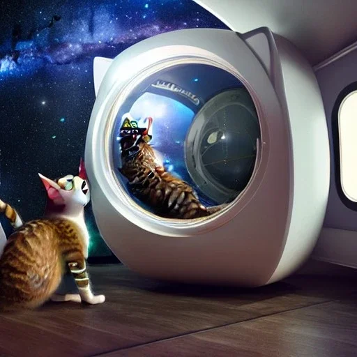 cat inside spaceship looking at floating astronaut and milkyway, hyper-realistic 8k resolution, high-quality, fine-detail, detailed matte, intricate, 3D octane render, illustration, digital art, brian froud, howard lyon, anna dittman, greg rutowski,