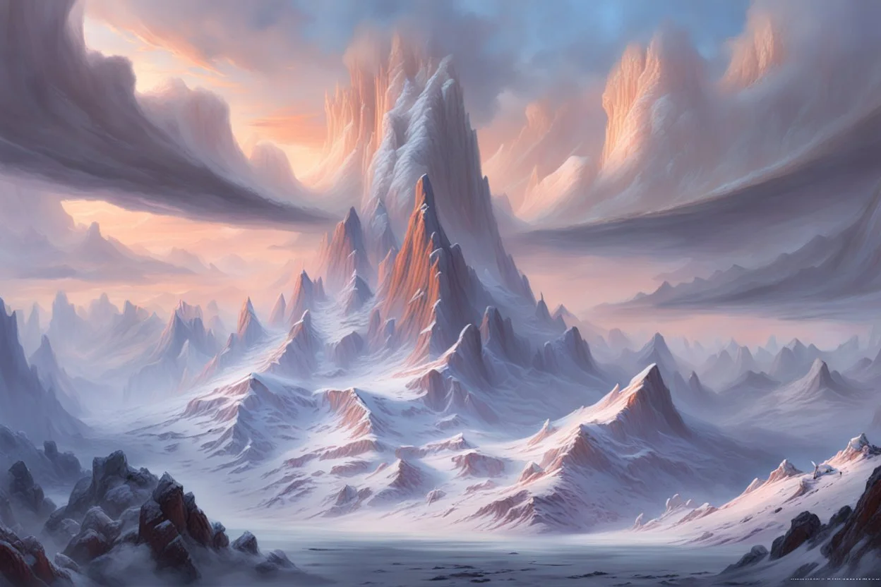 a planet crashing onto a snowy mountain peak, breaking in two. a matte painting by Christophe Vacher, Artstation contest winner, fantasy art, matte painting, concept art, artstation, sharp focus and detailed. fantasy, cinematic lighting