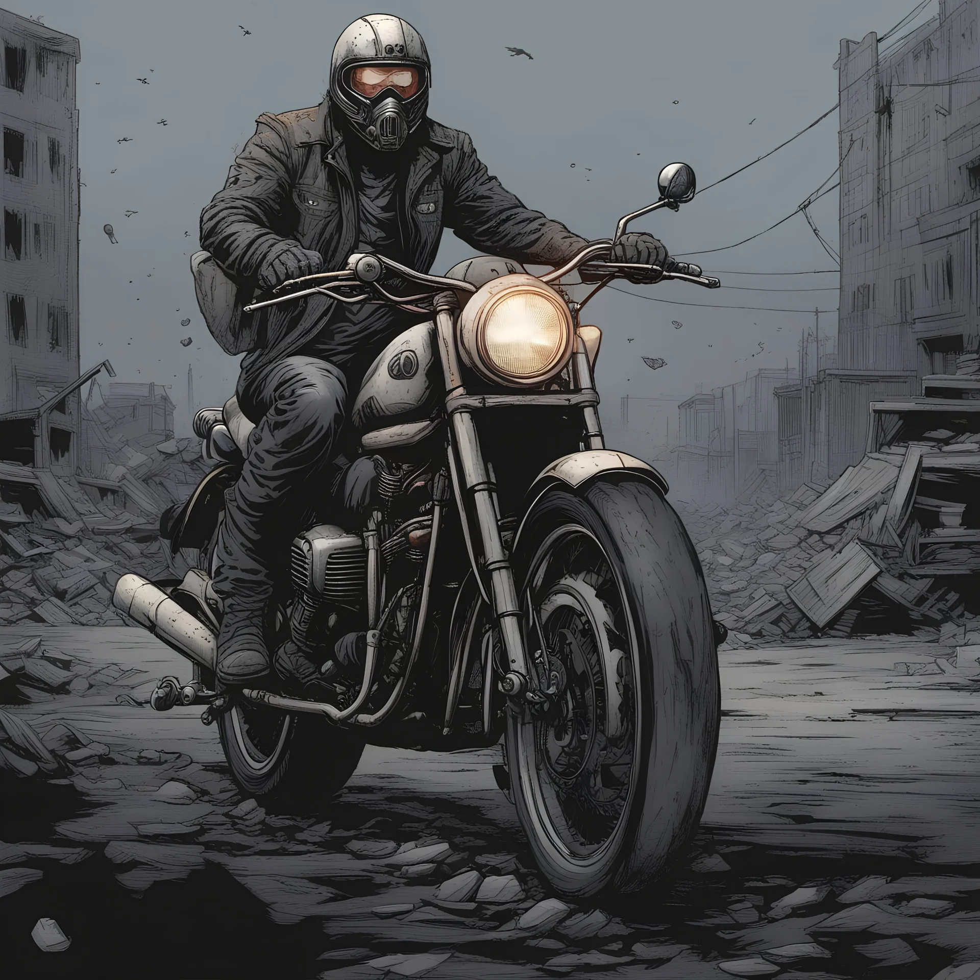 motorcycle, apocalyptic, grey background, comic book,