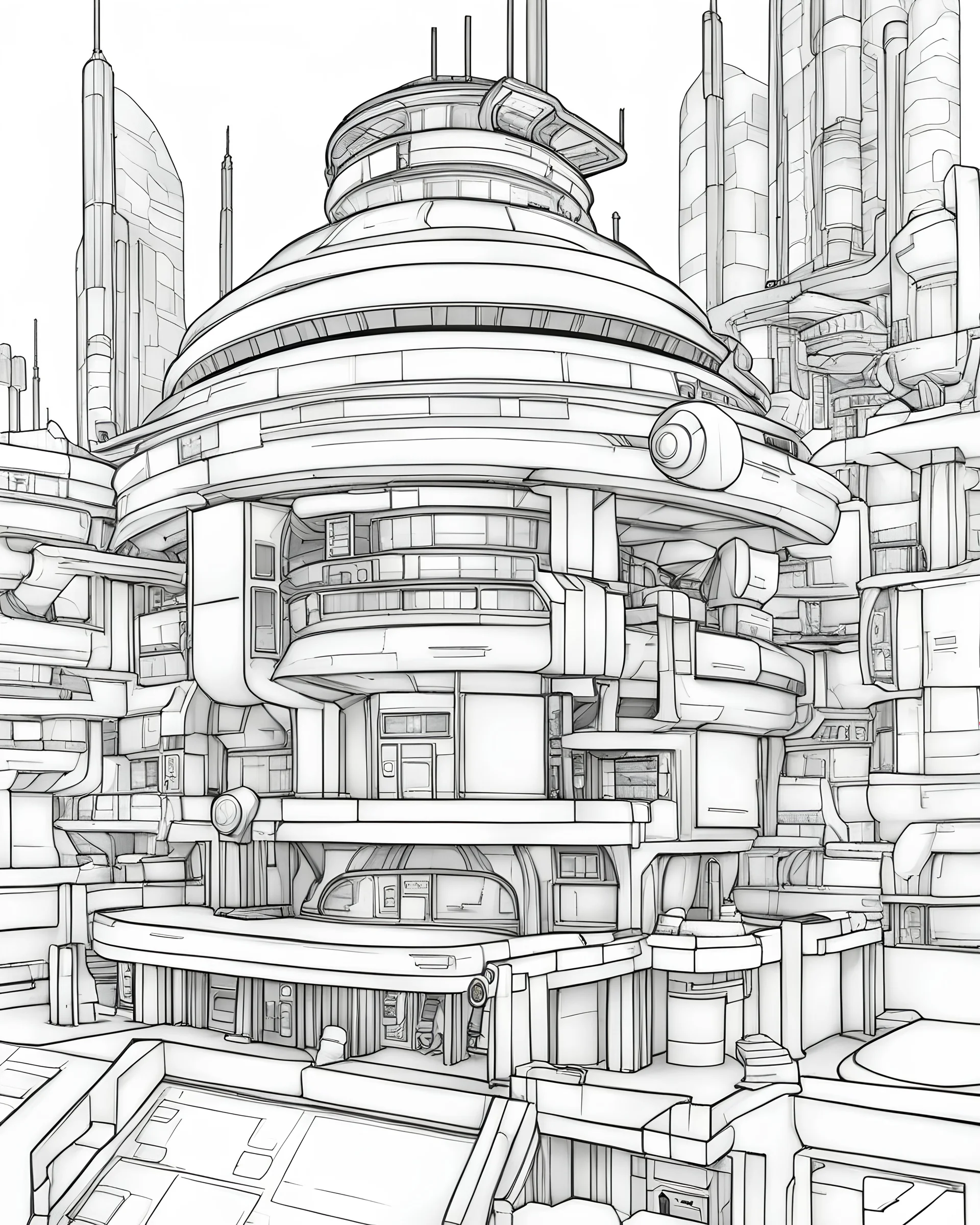 coloring page an extraordinary mars base building clear clean white background black outlines full concept on page