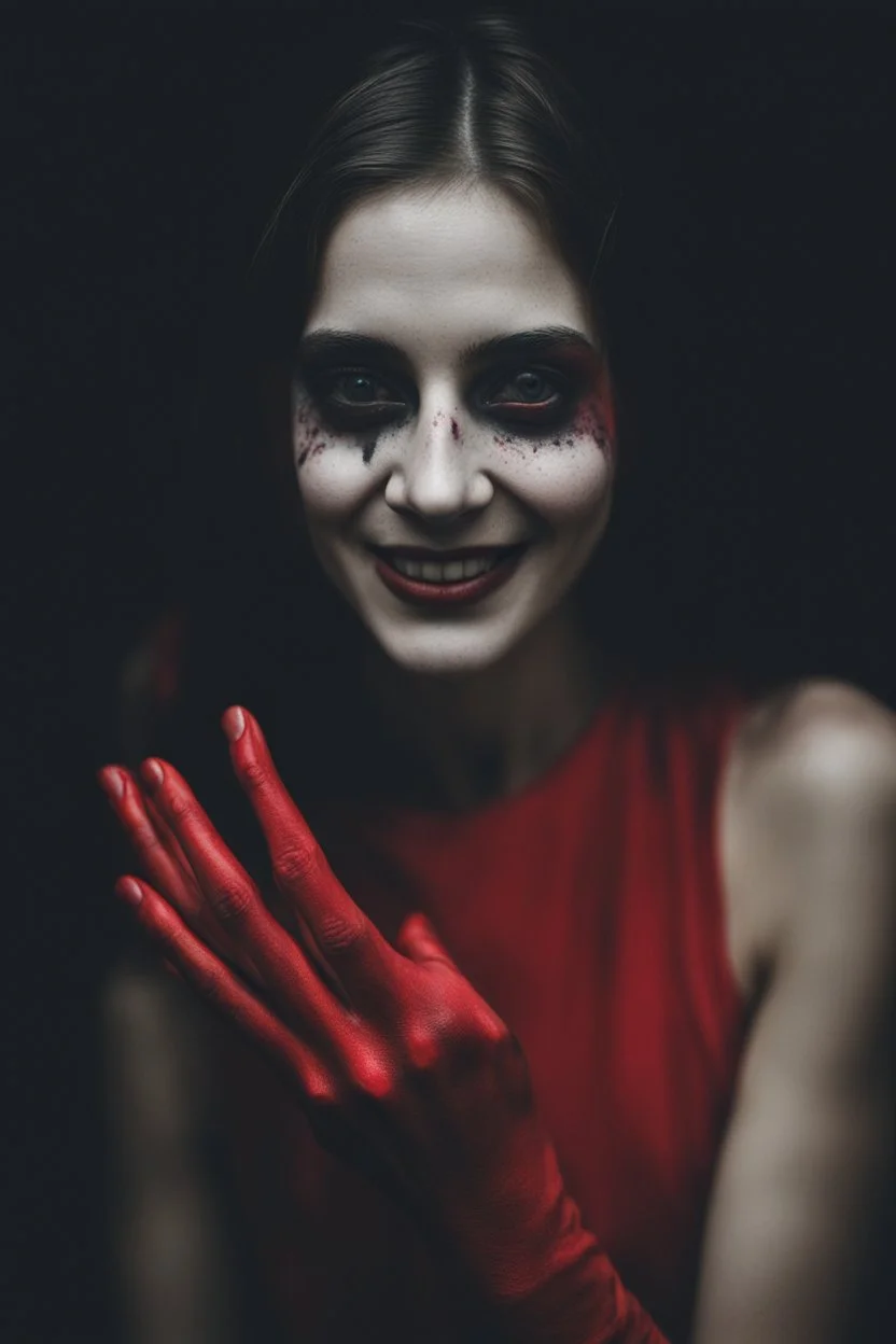 A photograph of a red hand with black eyes, covering part or all of her face and body while she smiles in an eerie way. The background is dark and the woman's expression adds to its mysterious allure. Her presence creates an atmosphere filled with unease and curiosity. --ar 29:44 --v 6. 0