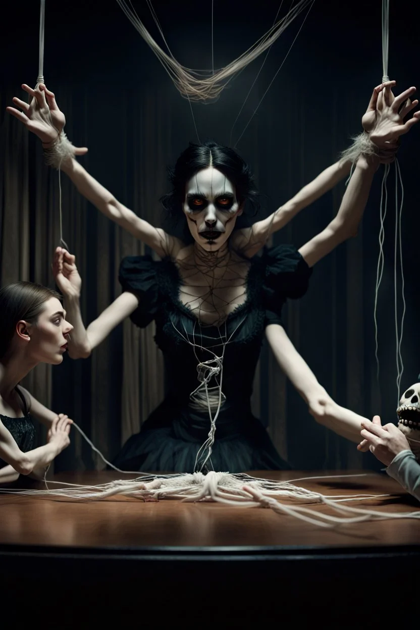 an digital explosive image of a woman seated on a table,facing to the front ,she is connected to string like a puppet, arms in air, moved by the strings, puppet like features in the face, beautiful face, behind her also facing the front is the puppet master,is a huge image of a man holding the strings, creepy gothic character,.zoomed in, dark and shadowy background with selective lighting on the woman, gothic and chaotic