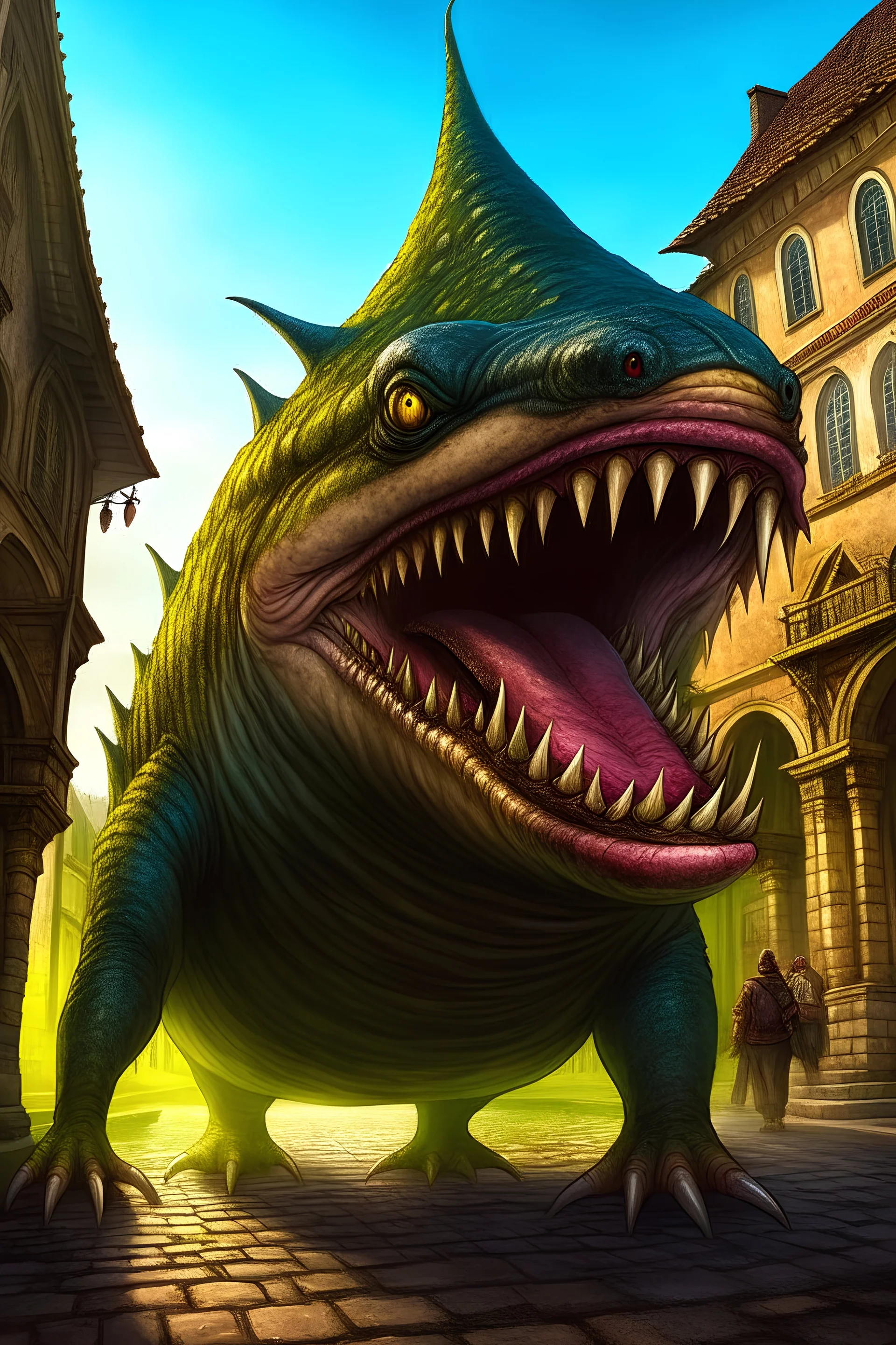 Fantasy art of a terrifying hybrid creature with the head of a open-mouthed basking shark on the body of a toad, standing in a medieval city square