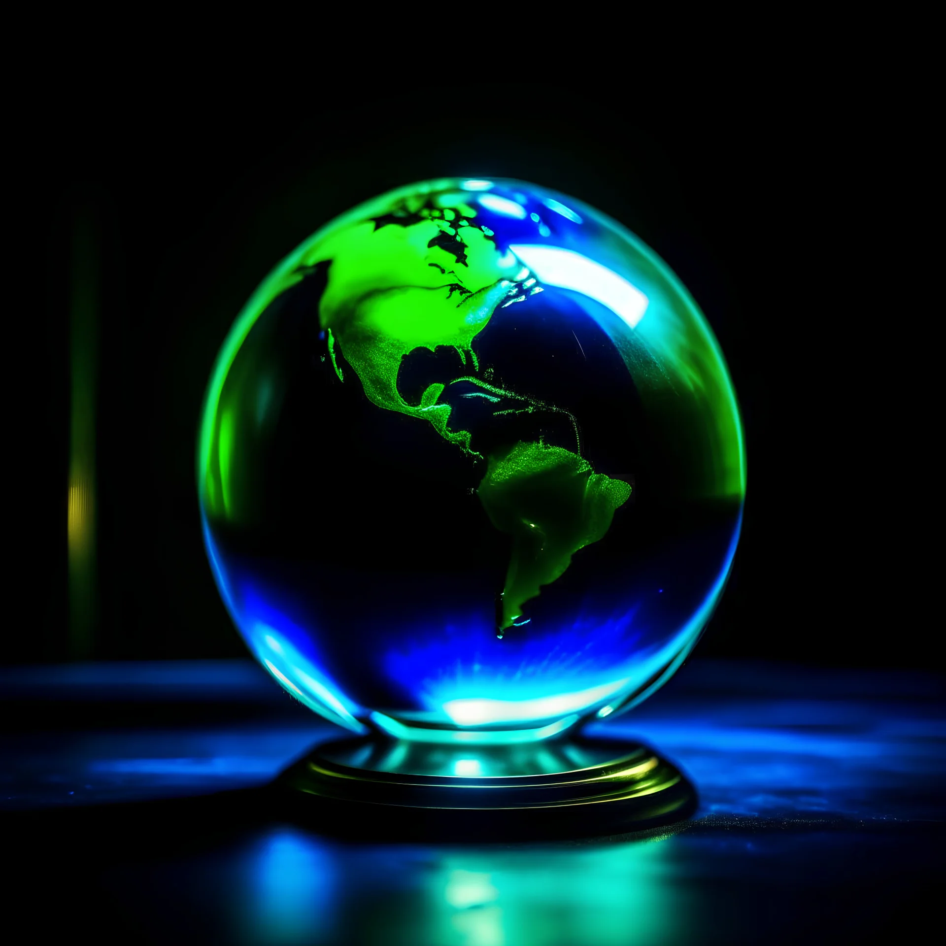 an earth globe looking like a crystal ball in a dark room, dark green and blue colors, fantasy atmosphere, photo quality