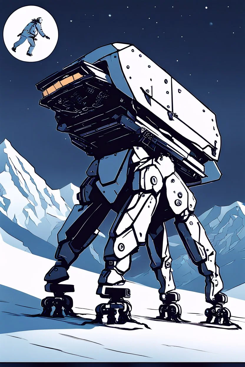 a minimalist silhouette of a sleek mechanical walker with eight legs scaling a very steep snow covered side of mout everest at night, it has a smooth surface, it has storage pods on its belly and humans can fit in the pods