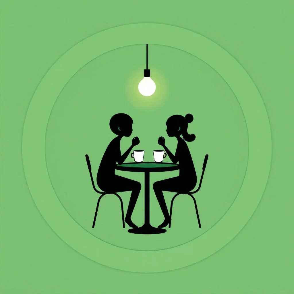 A circular logo for a cafe in a beautiful green color, with two people sitting at a table for two, their heads shaped like coffee cups, drinking coffee, and the cafe light above the table is on.
