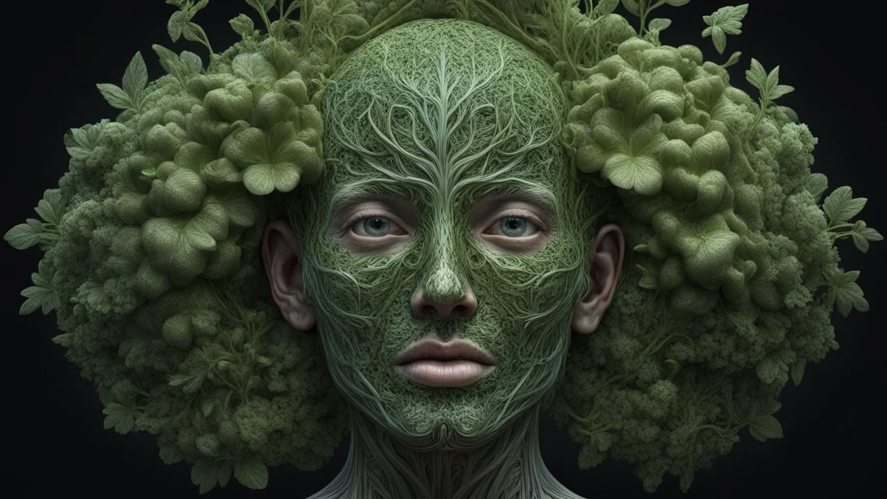 3D rendering of Expressively detailed and intricate of a hyperrealistic “ human head detailed with organic form”: front view, symetric, green glossy plant vines, anatomy, symmetric, scientific, baroque ornament, single object, vivid colour, black background, cosmic fractals, octane render, 8k post-production, dendritic, artstation: award-winning: professional portrait: atmospheric: commanding: fantastical: clarity: 16k: ultra quality: striking: brilliance: stunning colors: amazing depth