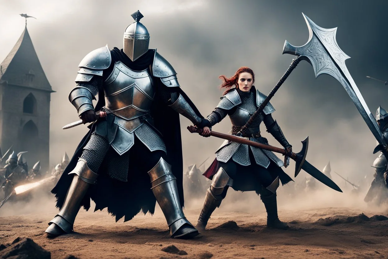 Duel of Knights: a woman knight in Gothic armor with poleaxe fight a giant in padded armour with a war hammer