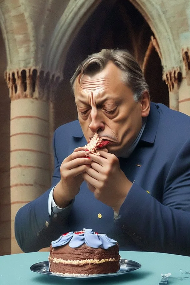 sad viktor orban eating cake in a castle