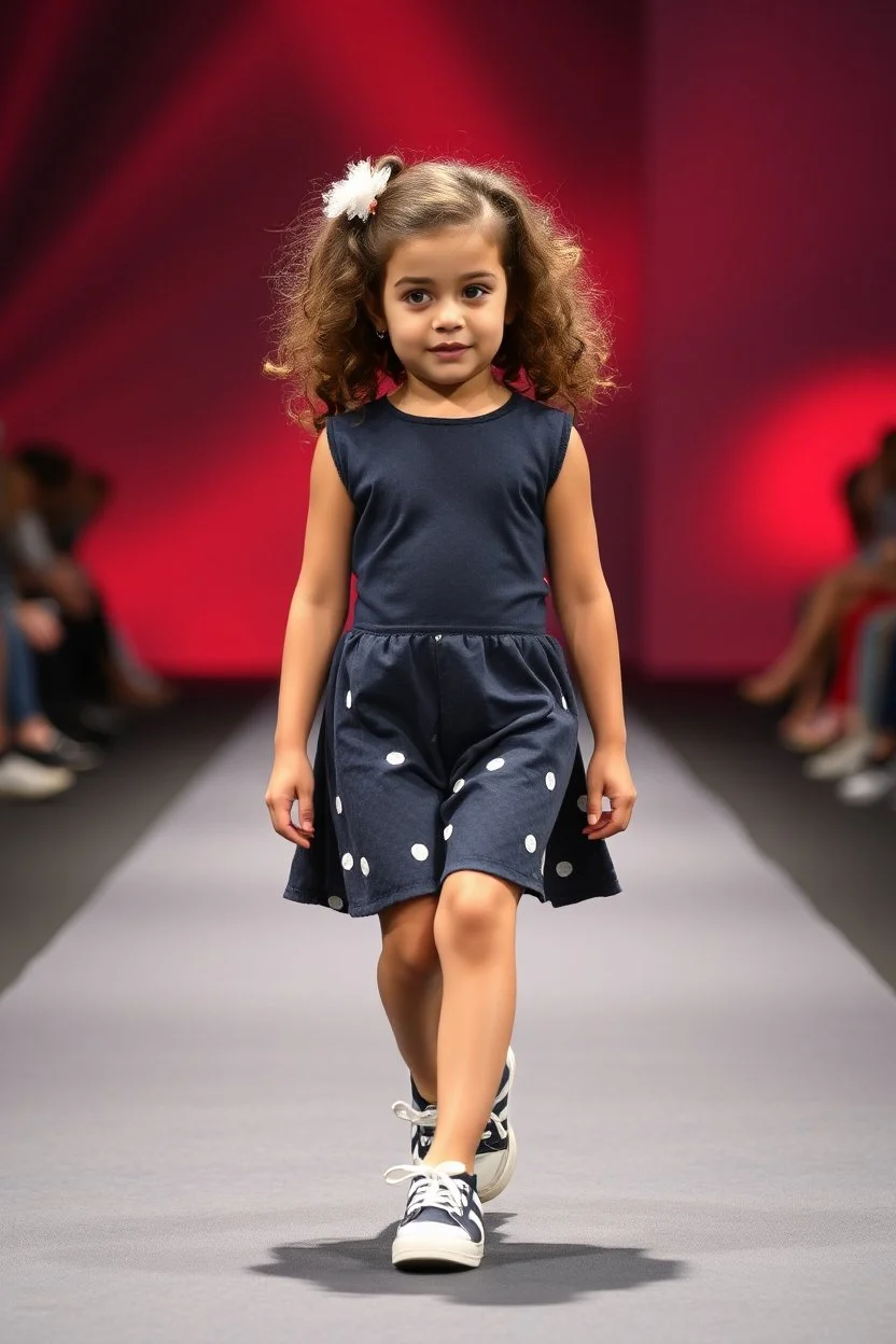 2 years old baby girl fashion model with curvy wavy hair ,cat walks in runway,catwalk and pose at end with cute