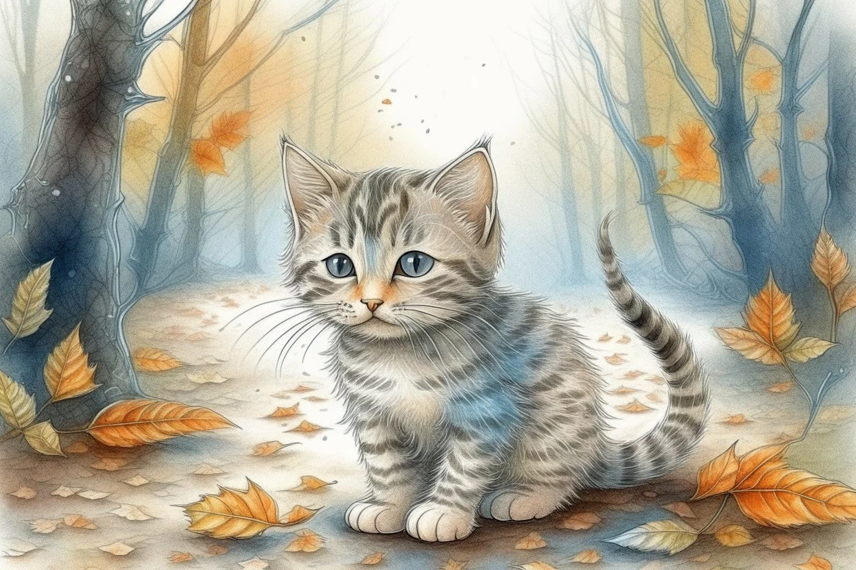 Cute soft contented kitten sweeping autumn leaves from the dirt road in the forest, reflecting water, misty morning sky, intricate zentangle, muted colours, employ golden ratio, elegant, intricate, very beautiful, high definition, hdr, pencil sketch, ultra realistic, ink, wet on wet watercolor, sparkling background