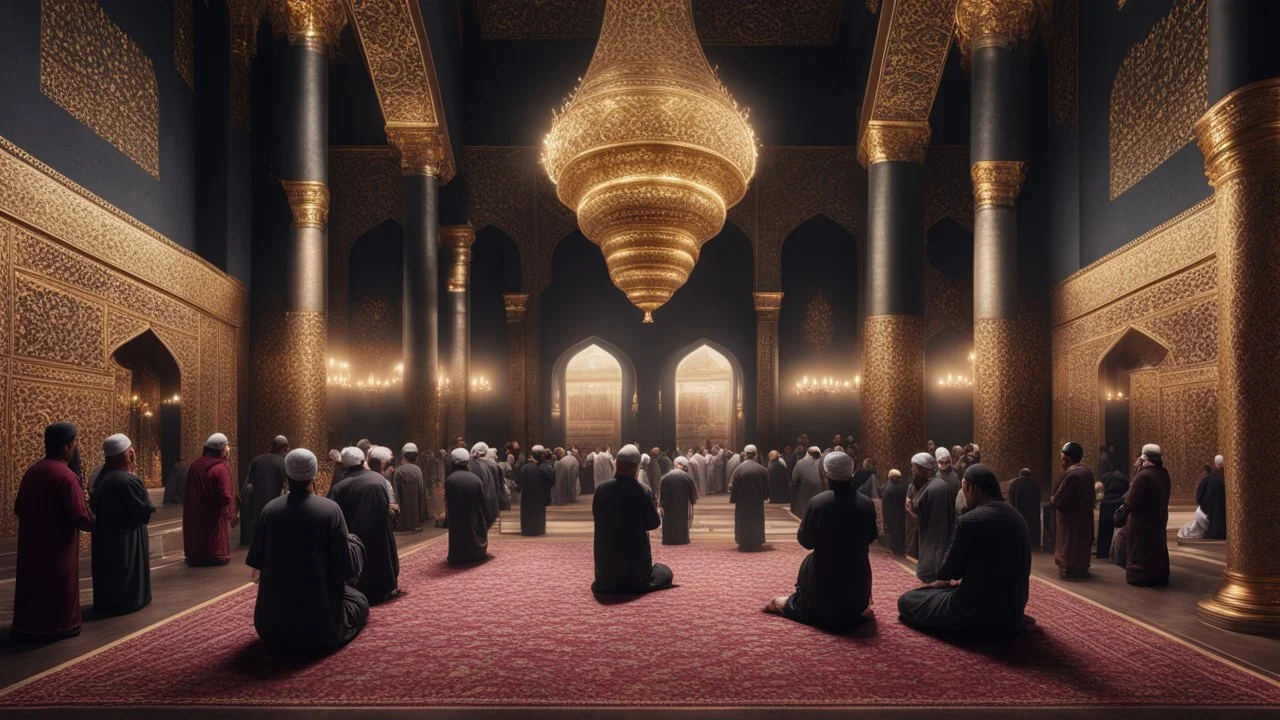 Hyper Realistic Photographic-View of lots of Muslims praying inside a Massively-Huge-Beautifully-Crafted-Black-&-Maroon Wall-Mosque with detailed-golden-pillars & Garland-Light-Decorations with dramatic-&-Cinematic-Ambiance at night.