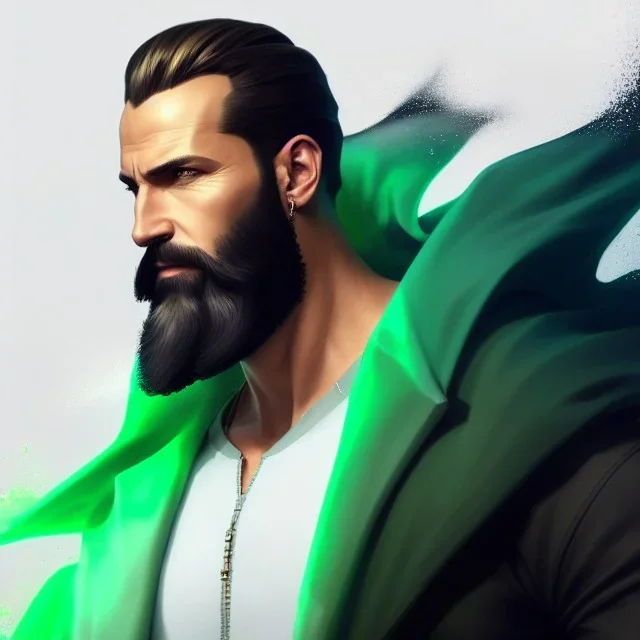 "MIddle aged white human male, with a trimmed but uneven beard, piercing green eyes with slick back hair,complete head and shoulders portrait, 8k resolution concept art portrait by Greg Rutkowski, Artgerm, WLOP, Alphonse Mucha dynamic lighting hyperdetailed intricately detailed Splash art trending on Artstation triadic colors Unreal Engine 5 volumetric lighting Splash art fantasy"