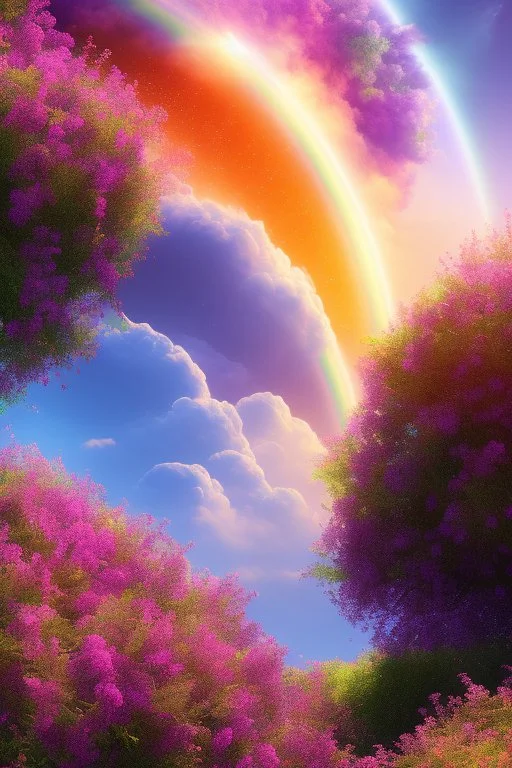 digital illustration, a world full of life divine thrill of biological tranquil sky, flowers, bright color splashes, high detailed 8 k,ufo rainbow