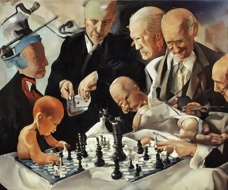 Complex Surgical Instruments,Putin, President Xi Of China And Joe Biden Play Chess with a Newborn Boy,Minimalism,Painting By Lucian Adrian Ghenie,Michelangelo,Freud,Rene Magritte,Salvador Dali,Pablo Picasso