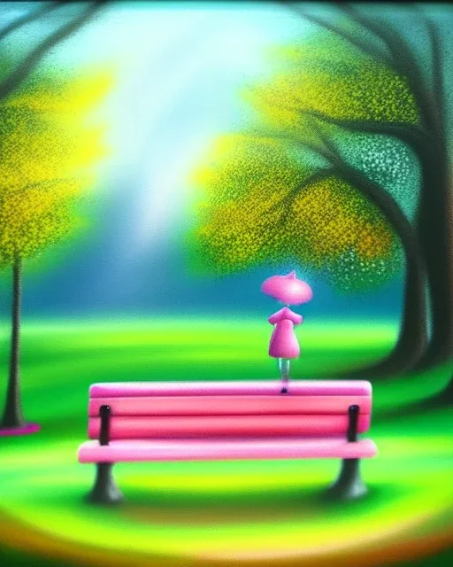 park mystical dream, park bench, man, woman, child, dog, trees, path, bird, sunshine, mystical, fantasy, romanticism, pastel colors, daylight, daytime, acrylic painting, detailed, soft focus,