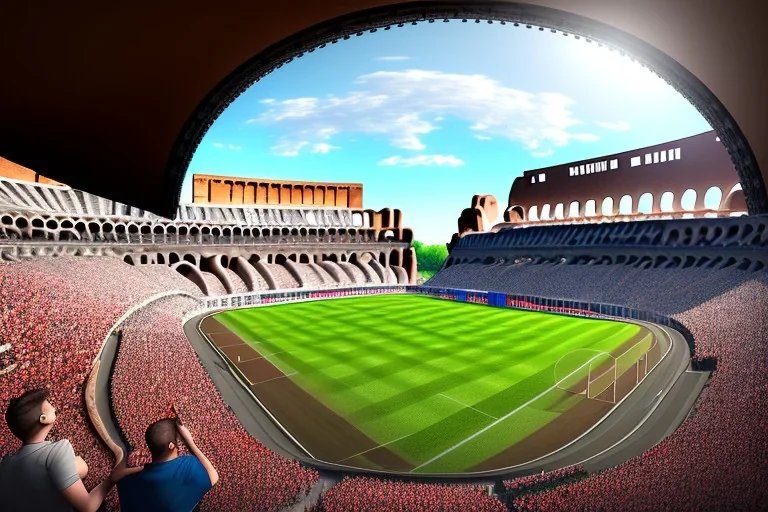 fussballstadion in roman colosseum, hyper detailed, digital part,cinema4d, elegant, centered, detailed, 8k, shining, heaven, many happy people, dampf,