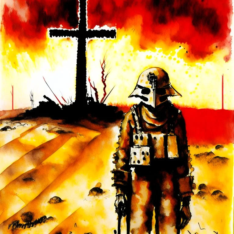 by Jim Dine, "No Man's Land The countless white crosses stand mute in the sand, To man's blind indifference to his fellow man" moody World War I memorial composition. Watercolor and ink painting, dynamic composition, double exposure solder with antique WW I gas mask with fiery text "1914" on helmet, dramatic red sky, dramatic, dynamic composition