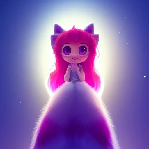 Cute beautiful princess fox kawai girl in the moonlight; beautiful sparkling eyes with beautiful eyelashes, magical world, extremely detailed long curly fur, high quality picture, beautiful full volumetric lighting, cinematic shimmering illumination, brilliant coloring, smooth, sharp focus, crispy quality, vray; Pixar, Disney, Artstation; HD, HDR, SF, CGSociety, 16k, photorealistic, unreal engine