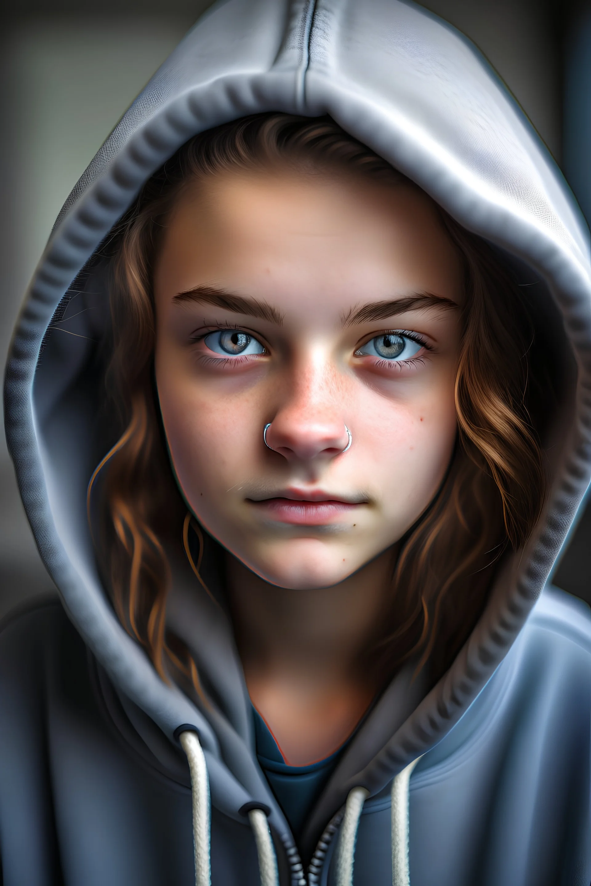 Pige på 16 år. Har grå hoodie på. Hun har vådt uglet hår. Hun har smukke blå øjne. Hun har store øjne. Hun har lys hud og hun har lidt fregner. Hun har lysebrune øjenbryn og et lille ansigt. Hendes hovedform er smal med en spids hage. Hun har lange øjenvipper. Hun ser træt ud og sidder i en sofa om aftenen