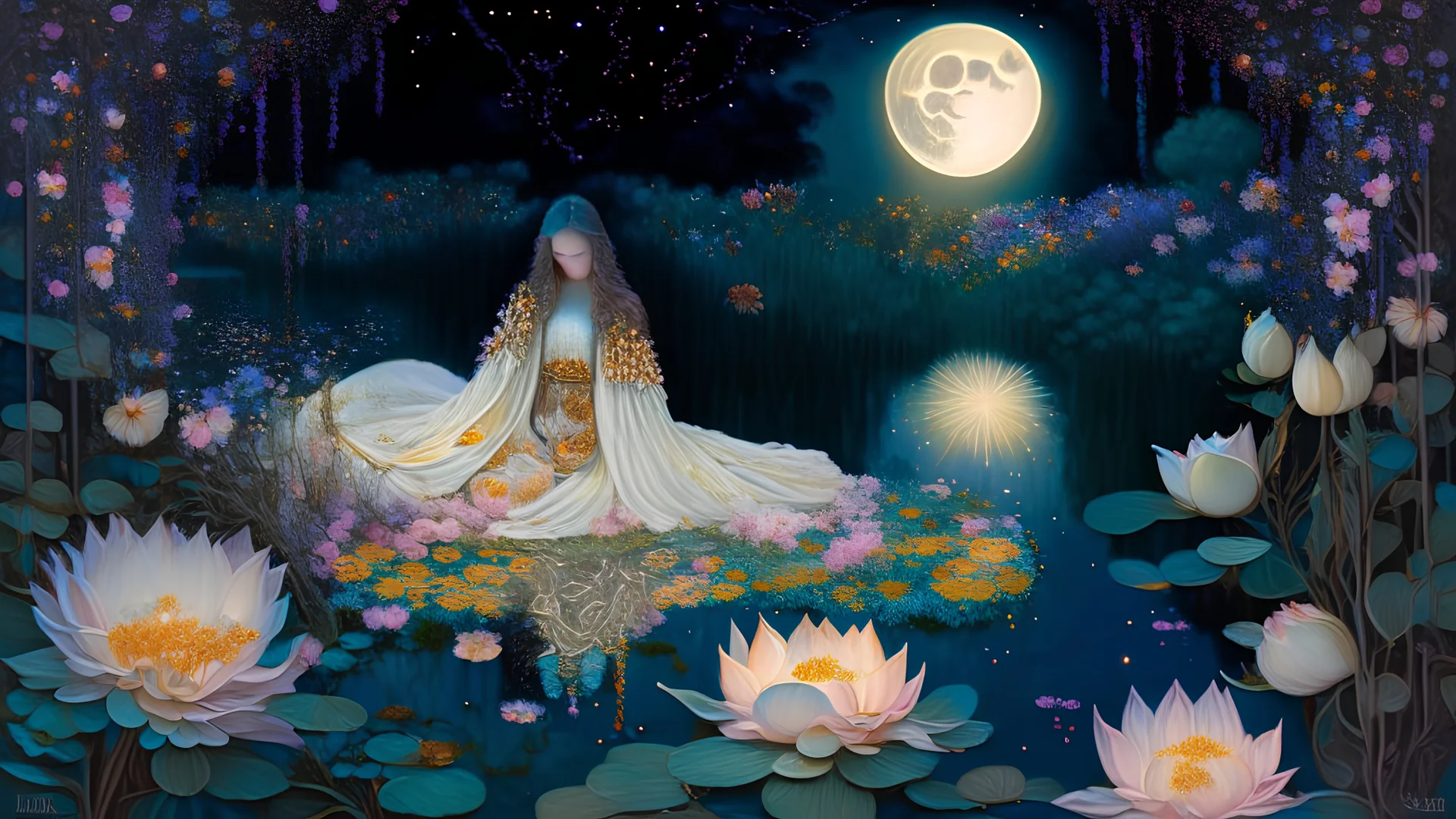 A digital illustration blending realism and fantasy, depicting Ophelia in a modern interpretation of a tunic, her thighs bathed in the soft glow of the moon, surrounded by vibrant lotus flowers and swaying reeds. The scene is infused with a sense of enchantment and surrealism, with a hint of whimsy and magic in the air. This version explores a more contemporary and imaginative approach to the traditional imagery.