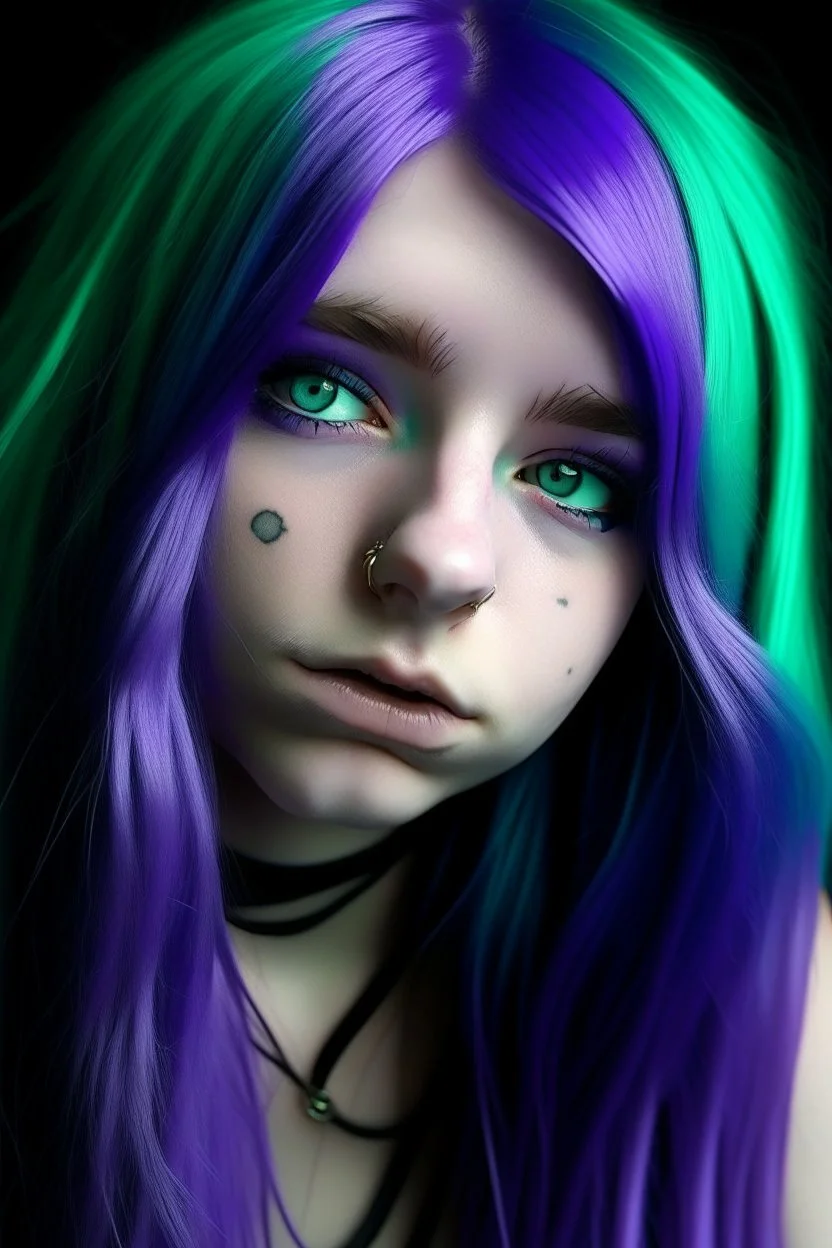 Purple emo girl face with rubber effect in all face with mint long rubber effect hair