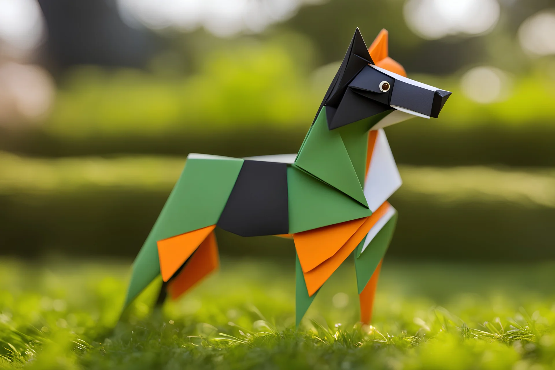 origami terrier with brown eyes and black fur long snout , tri color, paper folding, miniature, cute, handmade, precise, intricate folds, traditional Japanese art style, long fur , the dog stand in long green grass