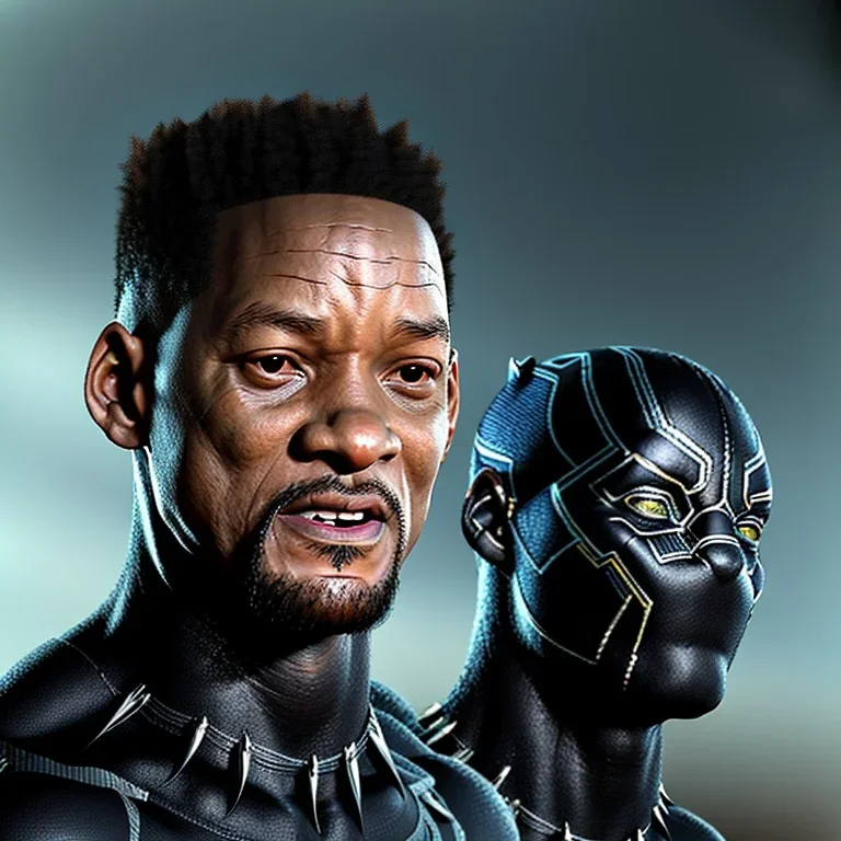 portrait, will smith in black panther suit, no mask, angry yelling, dark forest, dynamic lighting, 8k, ultra detailed