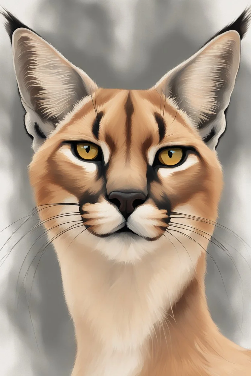 "Generate an AI paint art of a Caracal in a front-facing, half-body shot. Capture the captivating features of this wild cat, emphasizing its unique markings and intense gaze. Infuse the artwork with a sense of the caracal's grace and untamed beauty."
