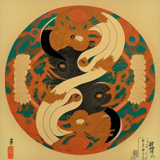 Ukiyo-e styled art, ying and yang sign