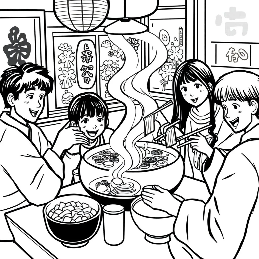 bold and easy, cozy Japan-Hot pot dinner shared by friends has very thick black outlines, making the details simple and fun to color colors, must be black and white and should have very few backgrounds or no backgrounds