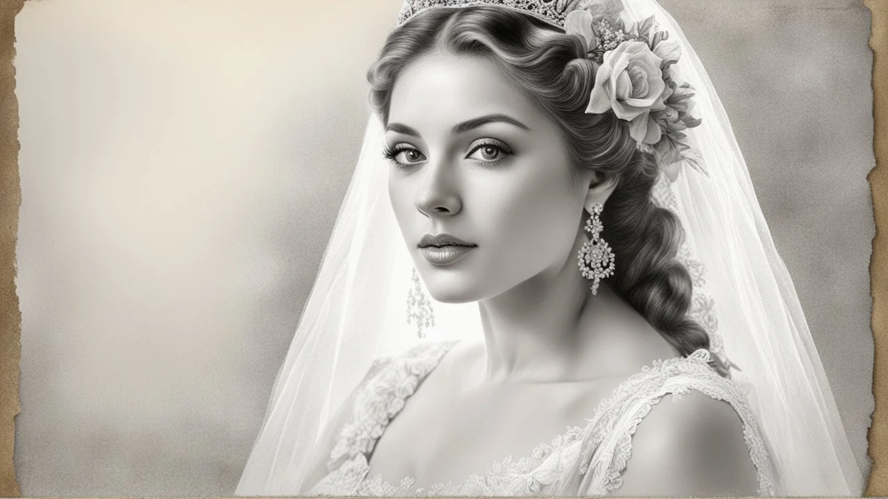 old postcard, white background, bride, black and white pencil drawing, 3d, 64k, high resolution, high detail, computer graphics, hyperrealism, f/16, 1/300 sec. digital painting, double exposure,