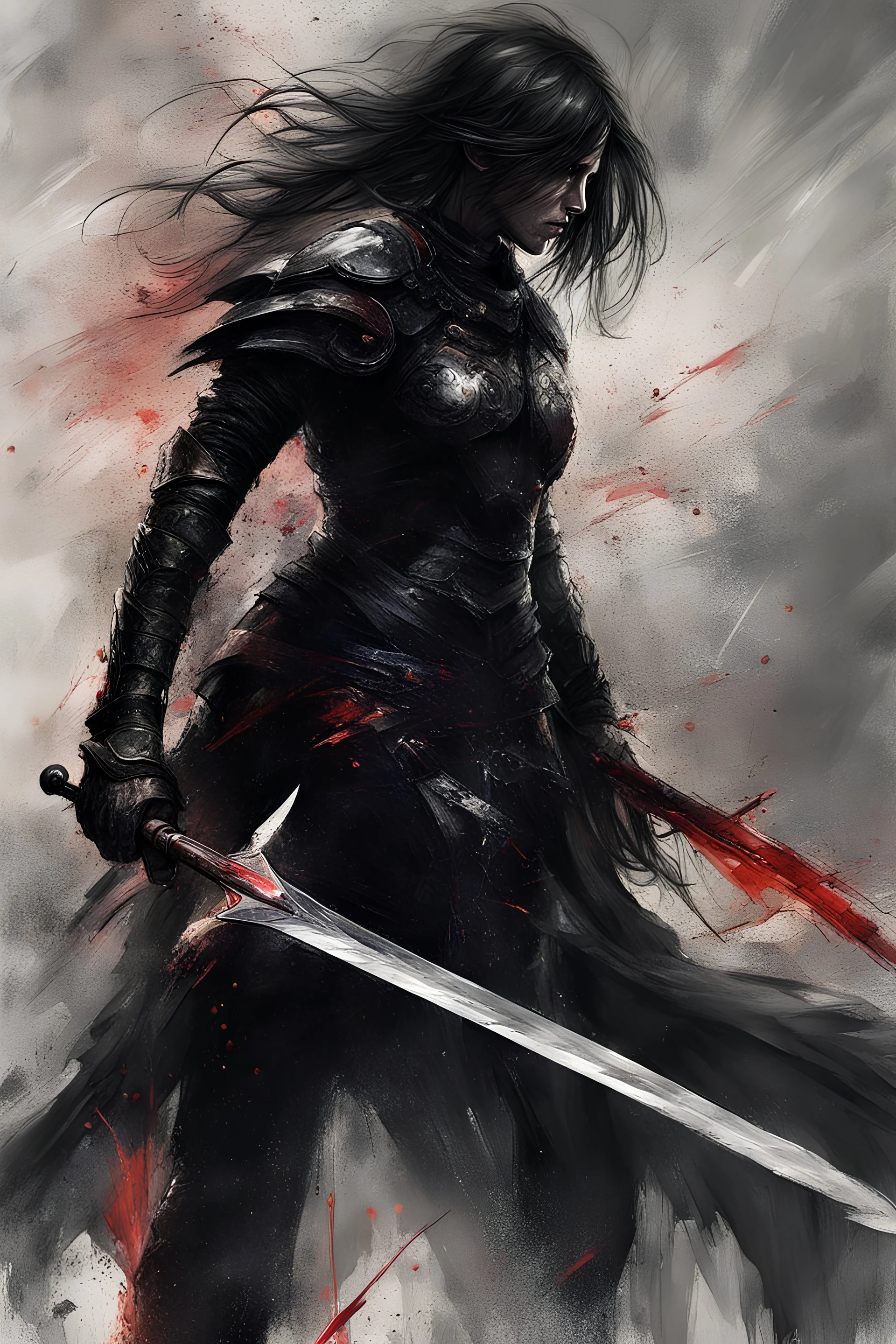 A formidable warrior man in black armor defends herself with a shiny sword, a fabulous scary hero, juicy emotions, painting, gloomy fantasy, gloomy day, dark world,, without a background, oil and graphite, wide strokes, a weaving frame around, by Ryohei Hase, Agnes Cecile, Raymond Swanland, Anne Bachelier