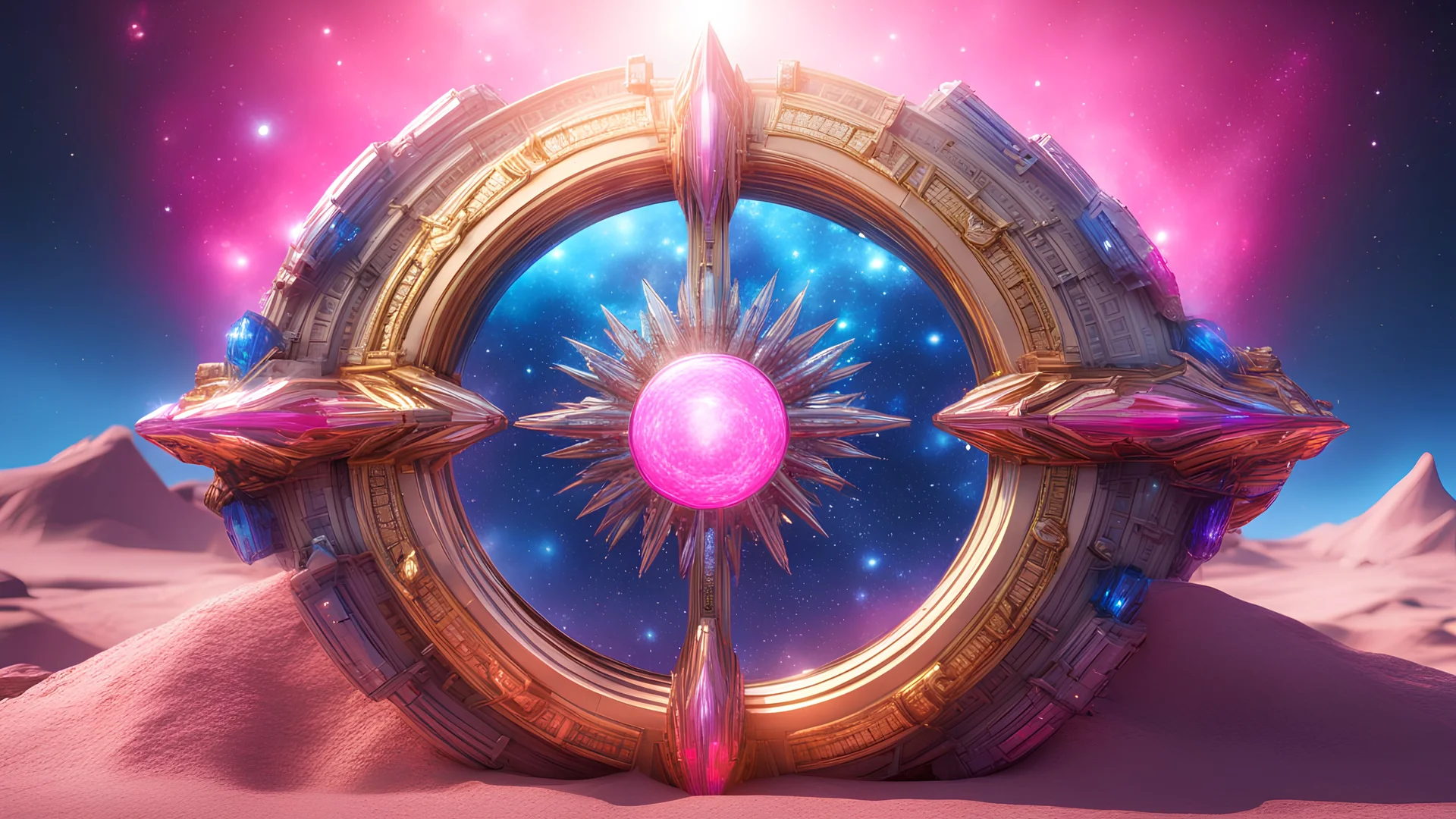 Stargate, happy cosmic, bright colors, blue, pink, gold, jewels, realistic, photo real, clear background, highly detailed, high contrast, 8k high definition, unreal engine 5, extremely sharp detail, light effect, sunny light background