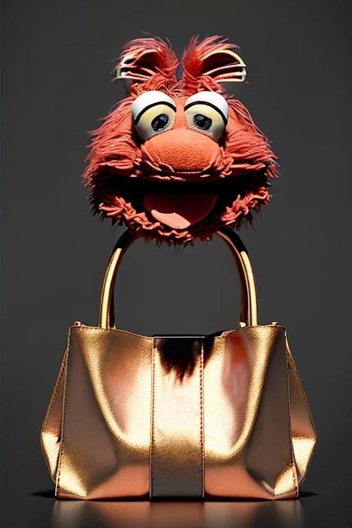 Woman bag made with muppet, Sesame Street style, fashion style, photo studio, unreal engine 5, god lights, ray tracing, RTX, lumen lighting, ultra detail, volumetric lighting, 3d.