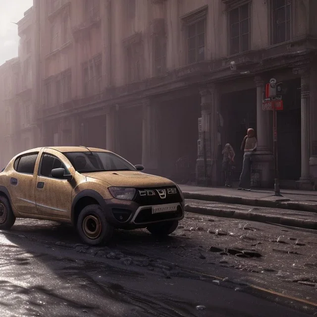 an dacia car ultra realistic durty dust no clean ,wide body , ,on street,8k resolution, high-quality, fine-detail, parked in crowded city winter wide body night future city