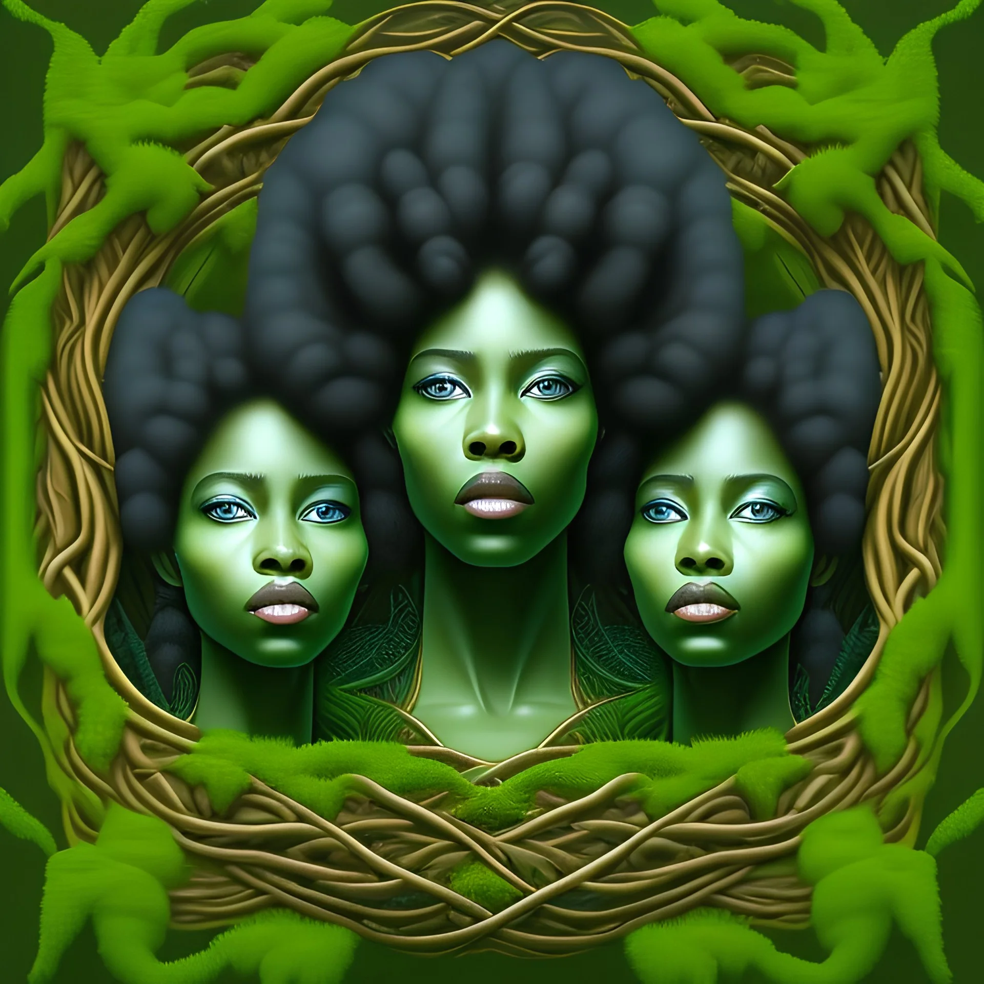 Painting .three women. the faces of three young black women. wood nymphs emerging from the forest. Her hair looks like vines. Dreadlocs. Her skin is the colour of dark soil. Her skin looks like tree bark. Her clothing is made of vines, grass and leaves.