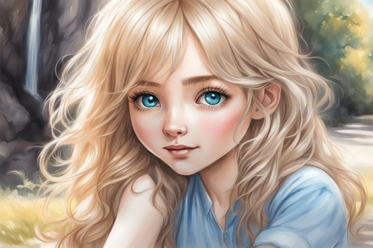 vibrant sketch, cute chibi blue eyed blonde-brown haired woman in Plitvice S<AI in sunshine, shading pastel and charcoal